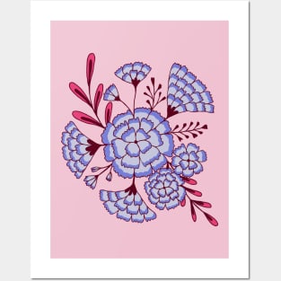 Vintage carnation flowers in pink and light blue Posters and Art